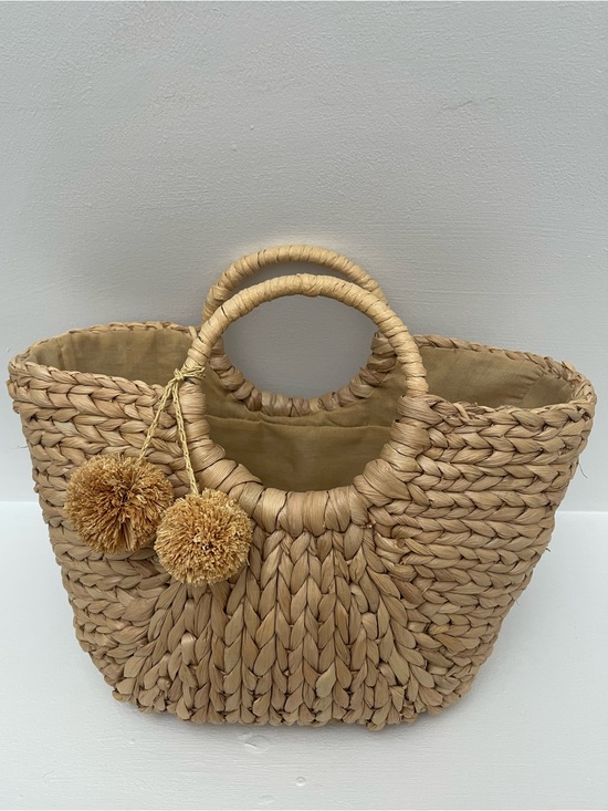 Handbags - Woven Straw Tote Bag with Pom Pom Accent - Natural